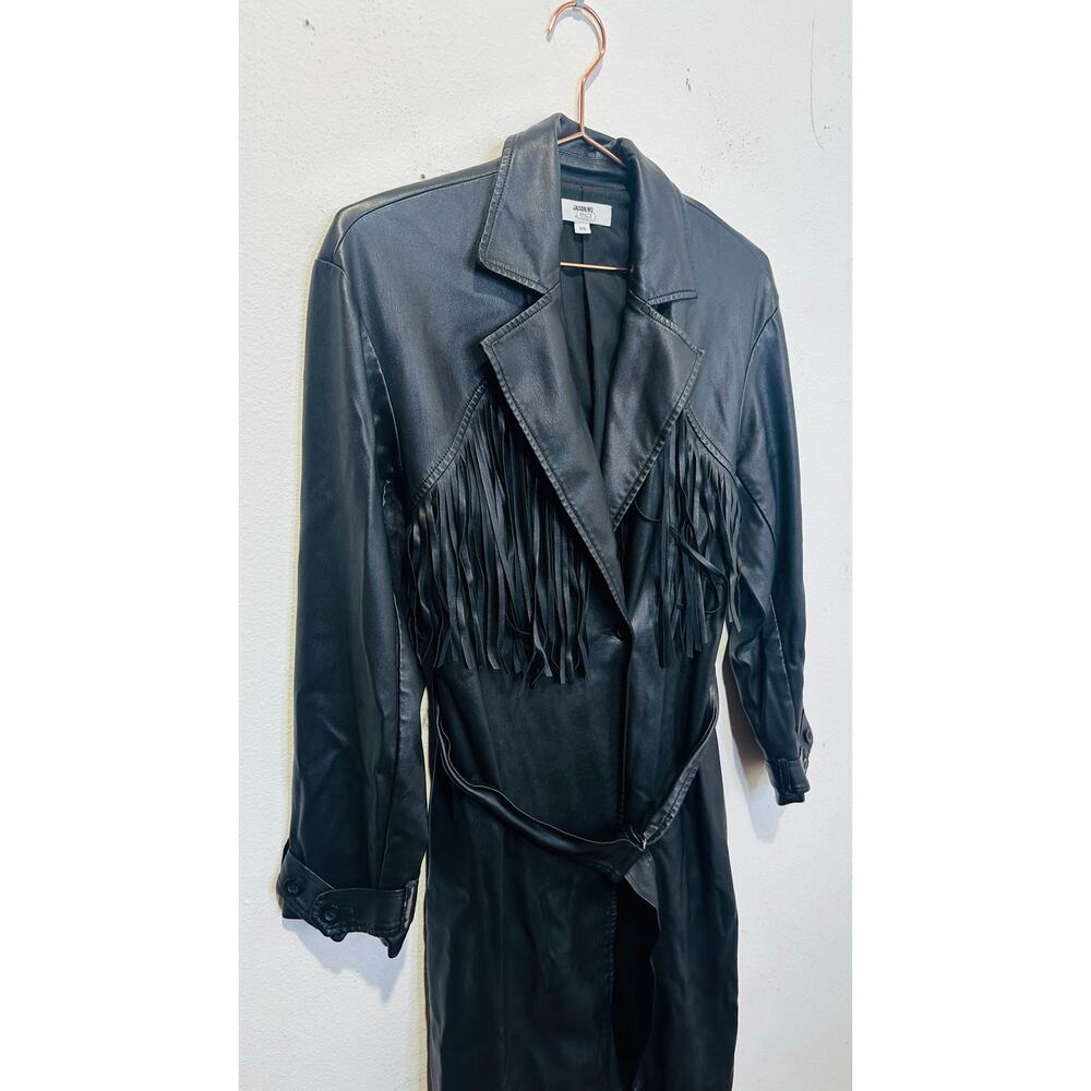 JASON WU Black Faux Leather Long Fringe Trench Style Tie Waist Jacket size XS - Picture 5 of 16